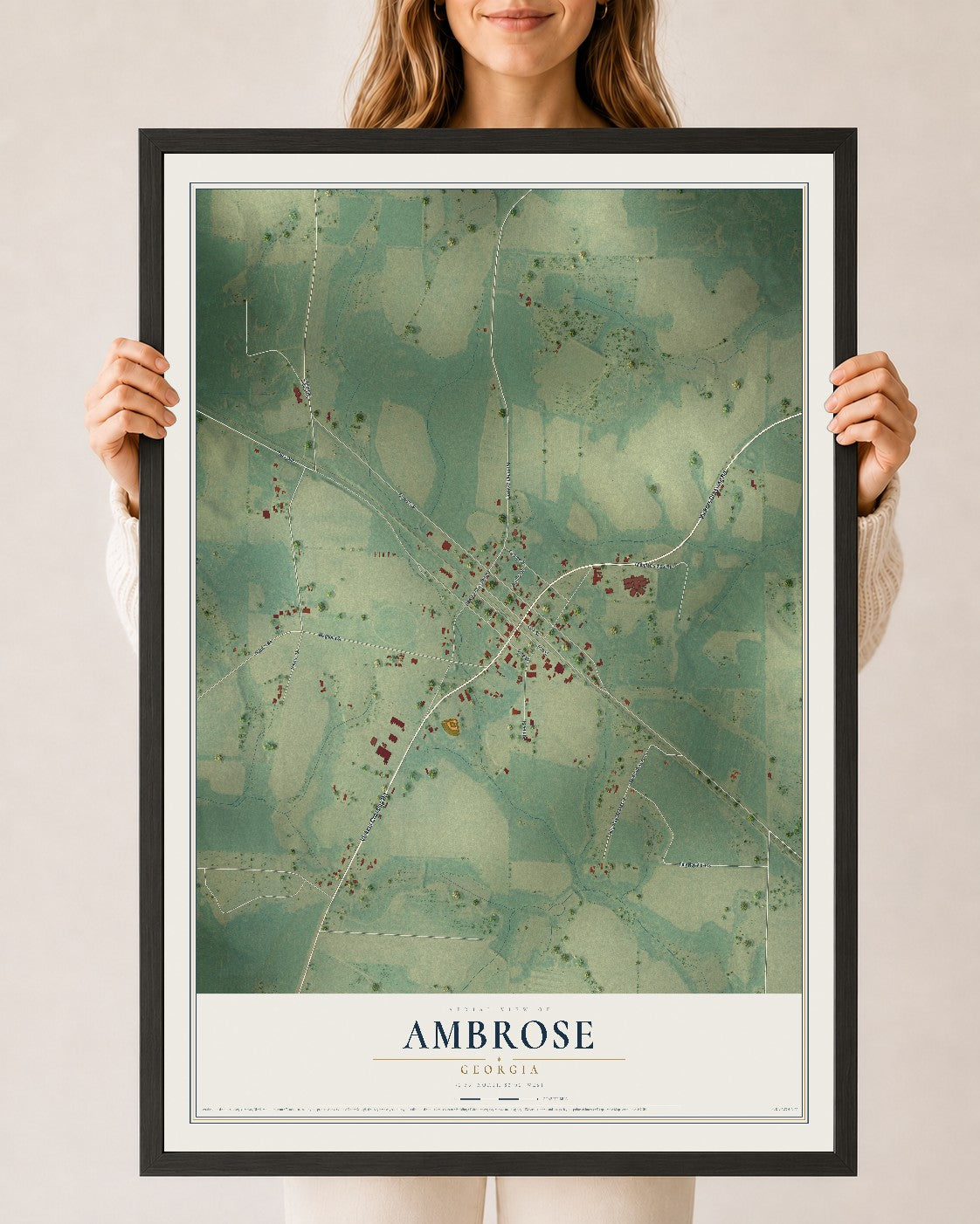 Ambrose, Georgia map print, 24" x 36" W/ Black Ayous Wood Frame mockup