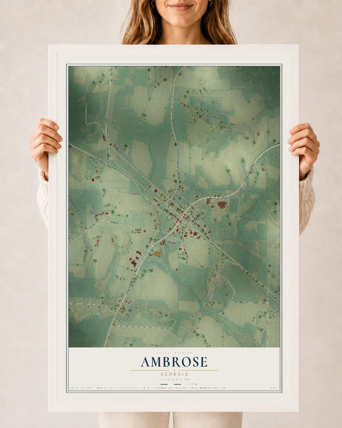 Ambrose, Georgia map print, 24" x 36" W/ White Ayous Wood Frame mockup