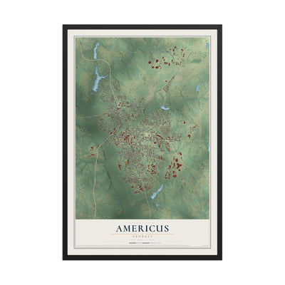 Americus, Georgia map print, 12" x 18" W/ Black Ayous Wood Frame mockup