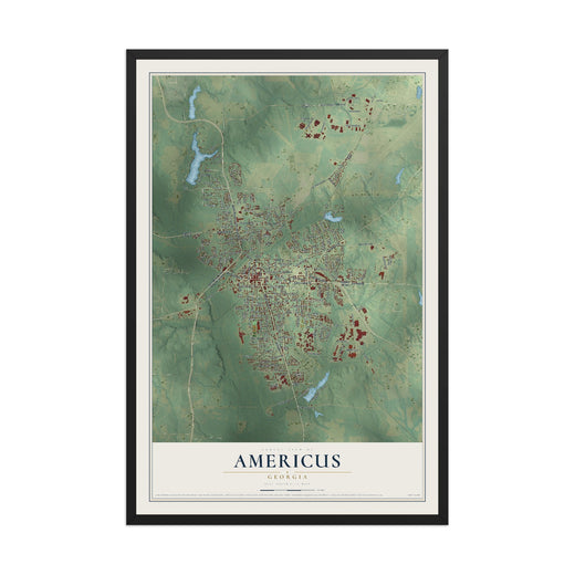 Map of Americus, Georgia, 12 x 18 inch print in a black wood frame