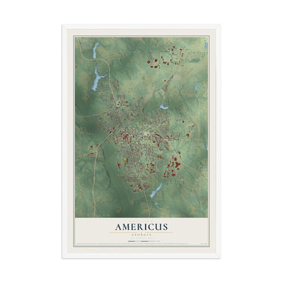 Americus, Georgia map print, 12" x 18" W/ White Ayous Wood Frame mockup