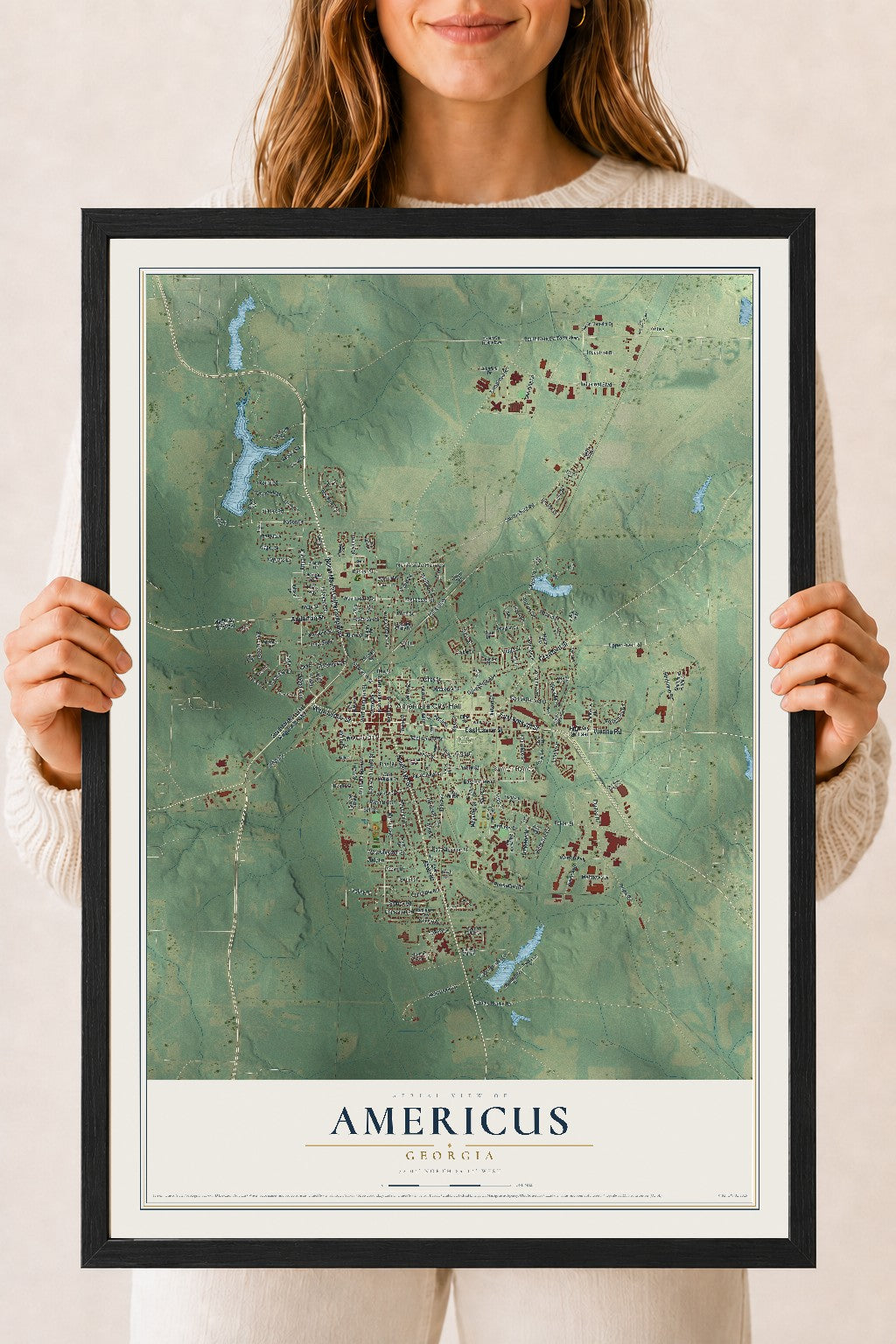 Americus, Georgia map print, 18" x 24" W/ Black Ayous Wood Frame mockup