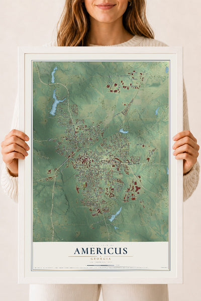 Americus, Georgia map print, 18" x 24" W/ White Ayous Wood Frame mockup