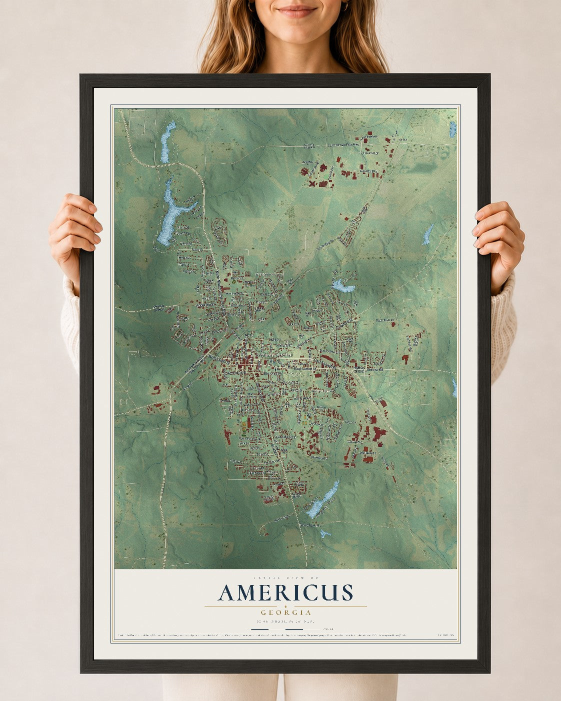 Americus, Georgia map print, 24" x 36" W/ Black Ayous Wood Frame mockup