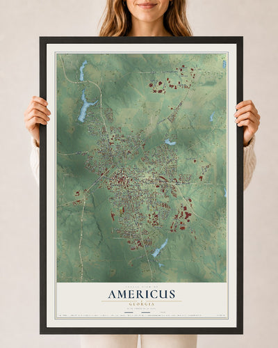 Americus, Georgia map print, 24" x 36" W/ Black Ayous Wood Frame mockup