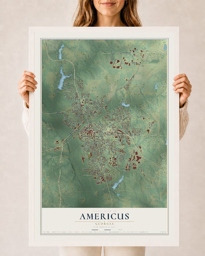 Americus, Georgia map print, 24" x 36" W/ White Ayous Wood Frame mockup