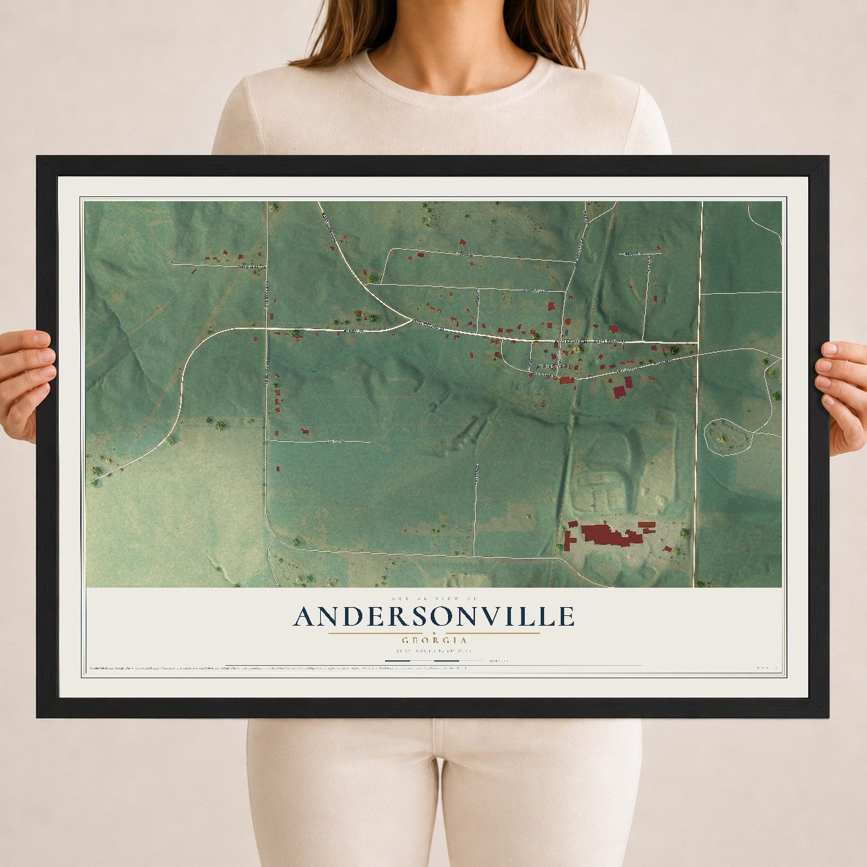 Andersonville, Georgia map print, 18" x 24" W/ Black Ayous Wood Frame mockup