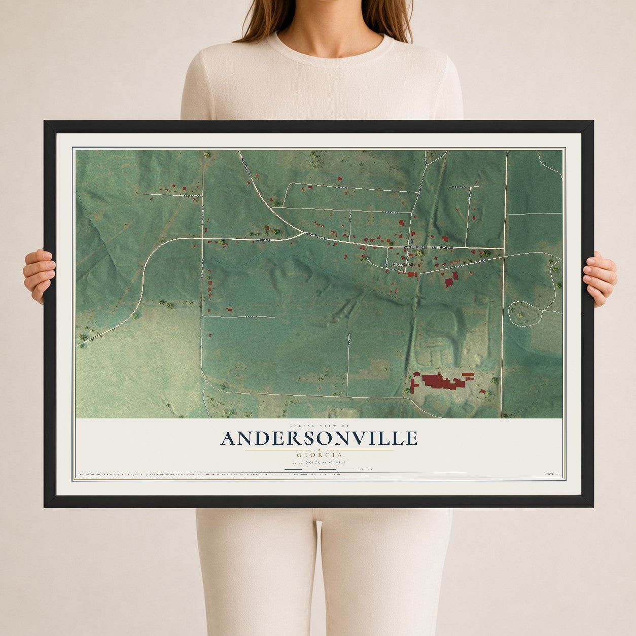 Andersonville, Georgia map print, 24" x 36" W/ Black Ayous Wood Frame mockup