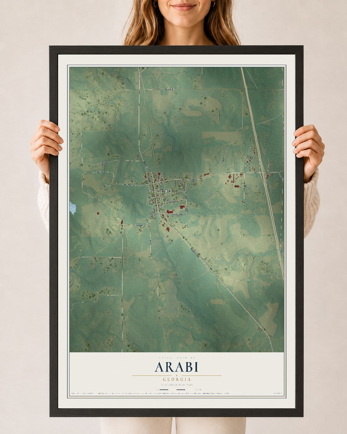 Arabi, Georgia map print, 24" x 36" W/ Black Ayous Wood Frame mockup
