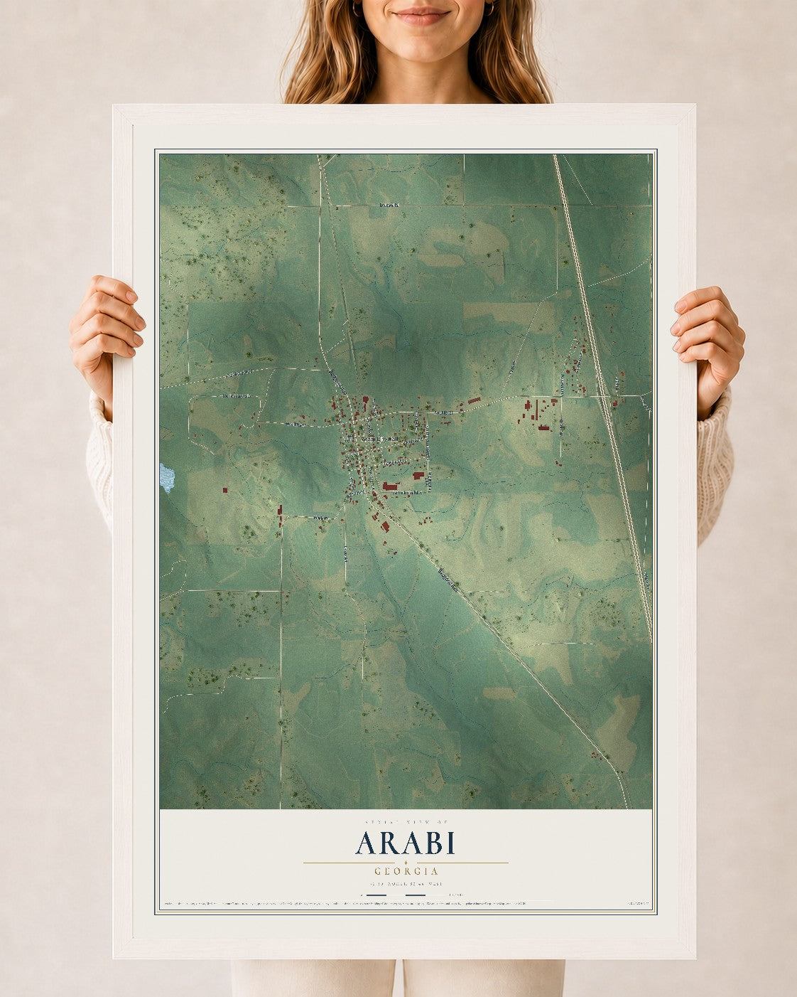 Arabi, Georgia map print, 24" x 36" W/ White Ayous Wood Frame mockup