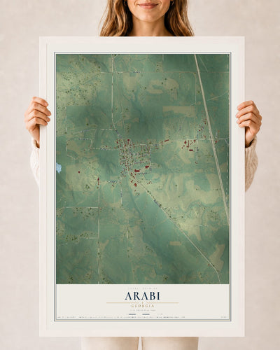 Arabi, Georgia map print, 24" x 36" W/ White Ayous Wood Frame mockup