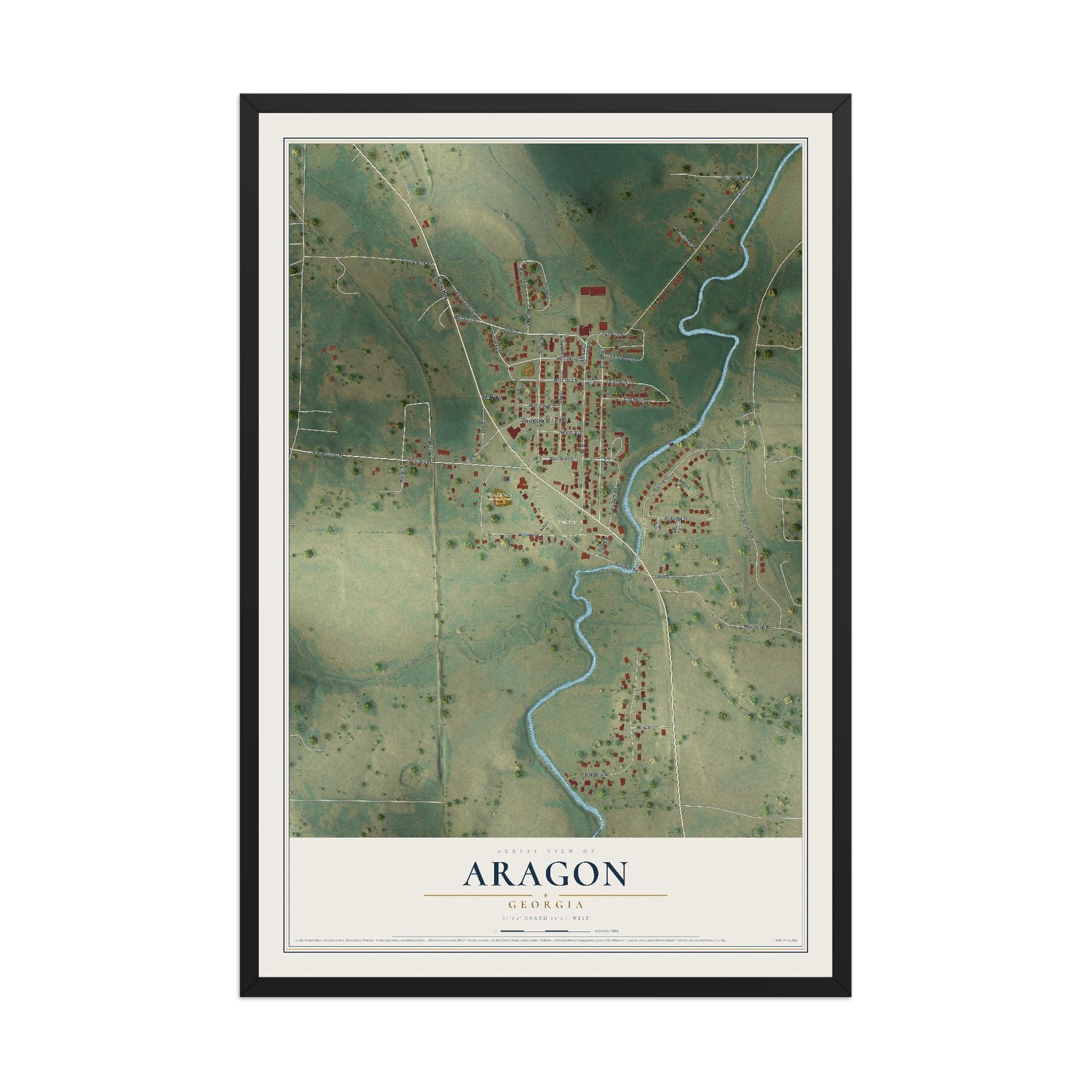 Aragon, Georgia map print, 12" x 18" W/ Black Ayous Wood Frame mockup