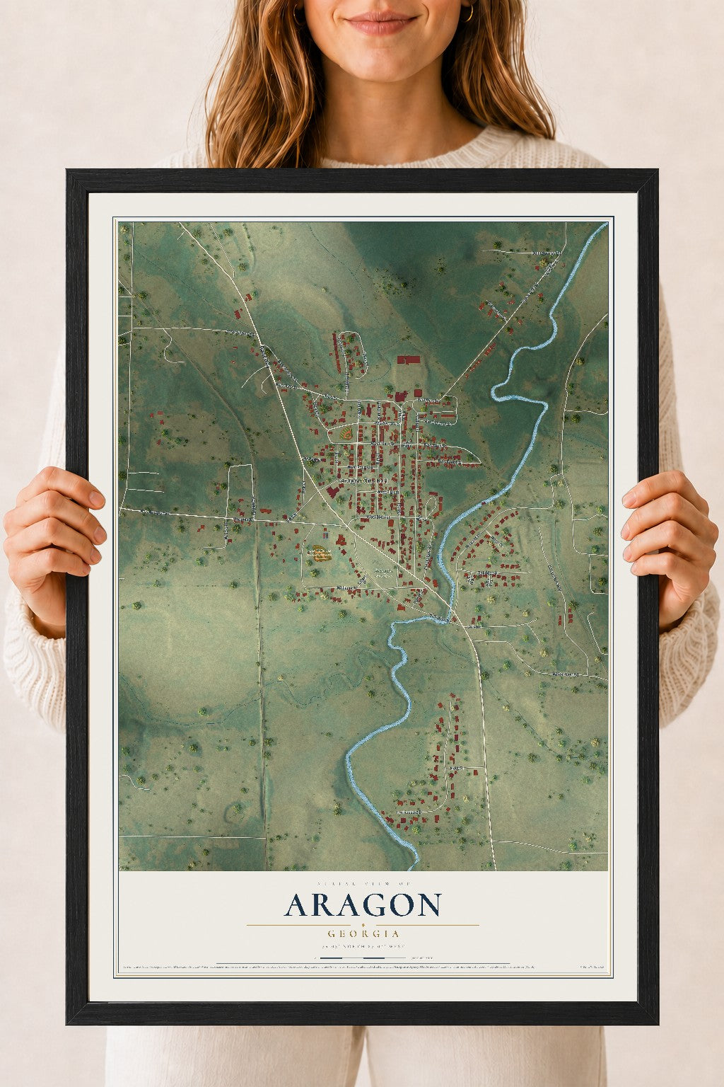 Aragon, Georgia map print, 18" x 24" W/ Black Ayous Wood Frame mockup