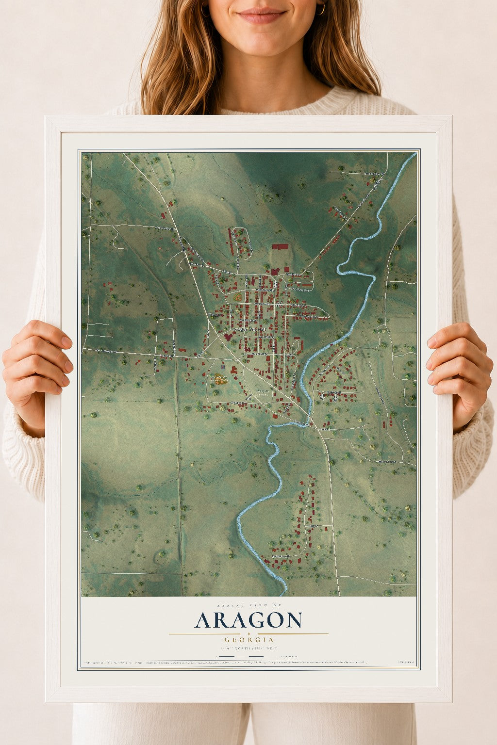 Aragon, Georgia map print, 18" x 24" W/ White Ayous Wood Frame mockup