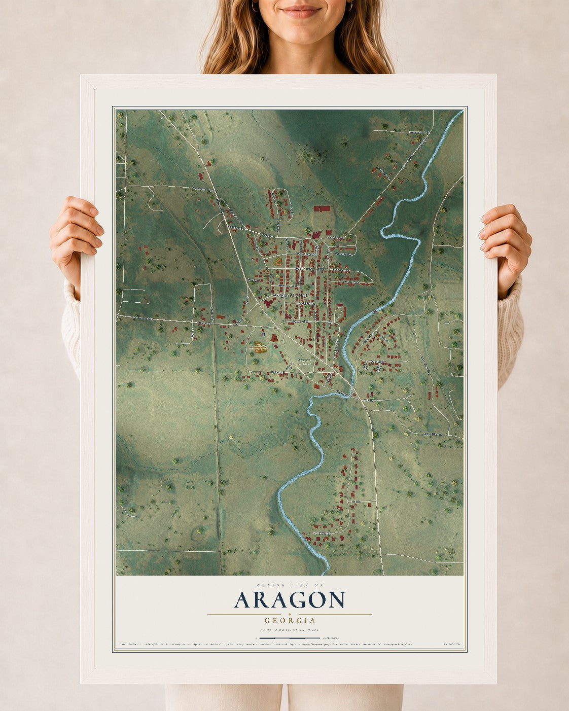 Aragon, Georgia map print, 24" x 36" W/ White Ayous Wood Frame mockup