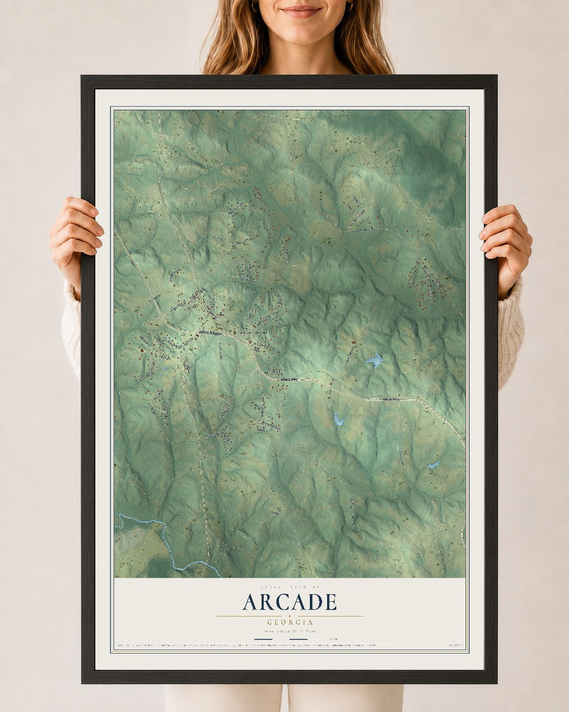 Arcade, Georgia map print, 24" x 36" W/ Black Ayous Wood Frame mockup