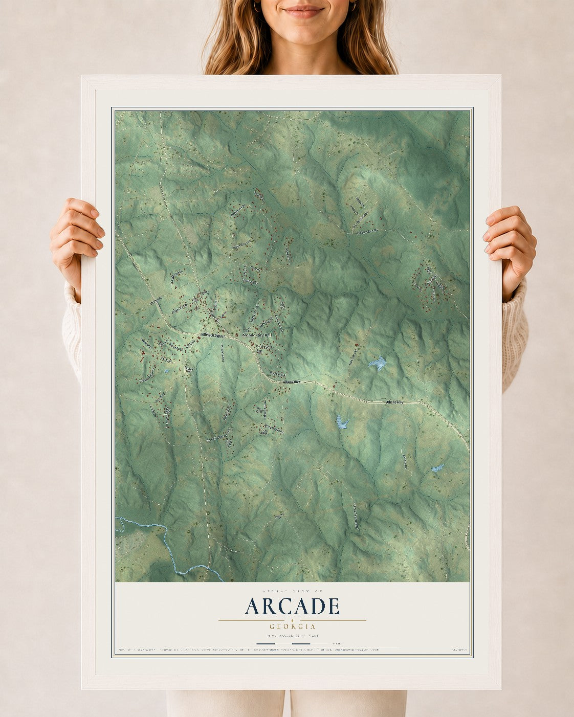 Arcade, Georgia map print, 24" x 36" W/ White Ayous Wood Frame mockup