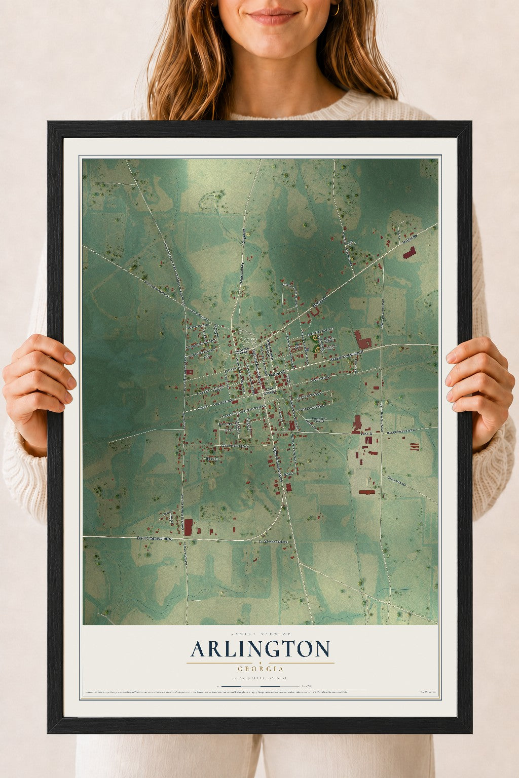 Arlington, Georgia map print, 18" x 24" W/ Black Ayous Wood Frame mockup