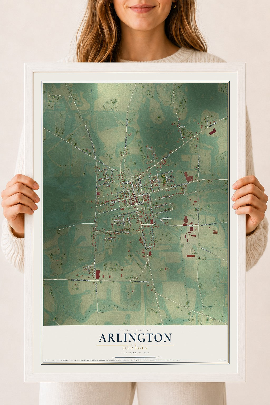 Arlington, Georgia map print, 18" x 24" W/ White Ayous Wood Frame mockup