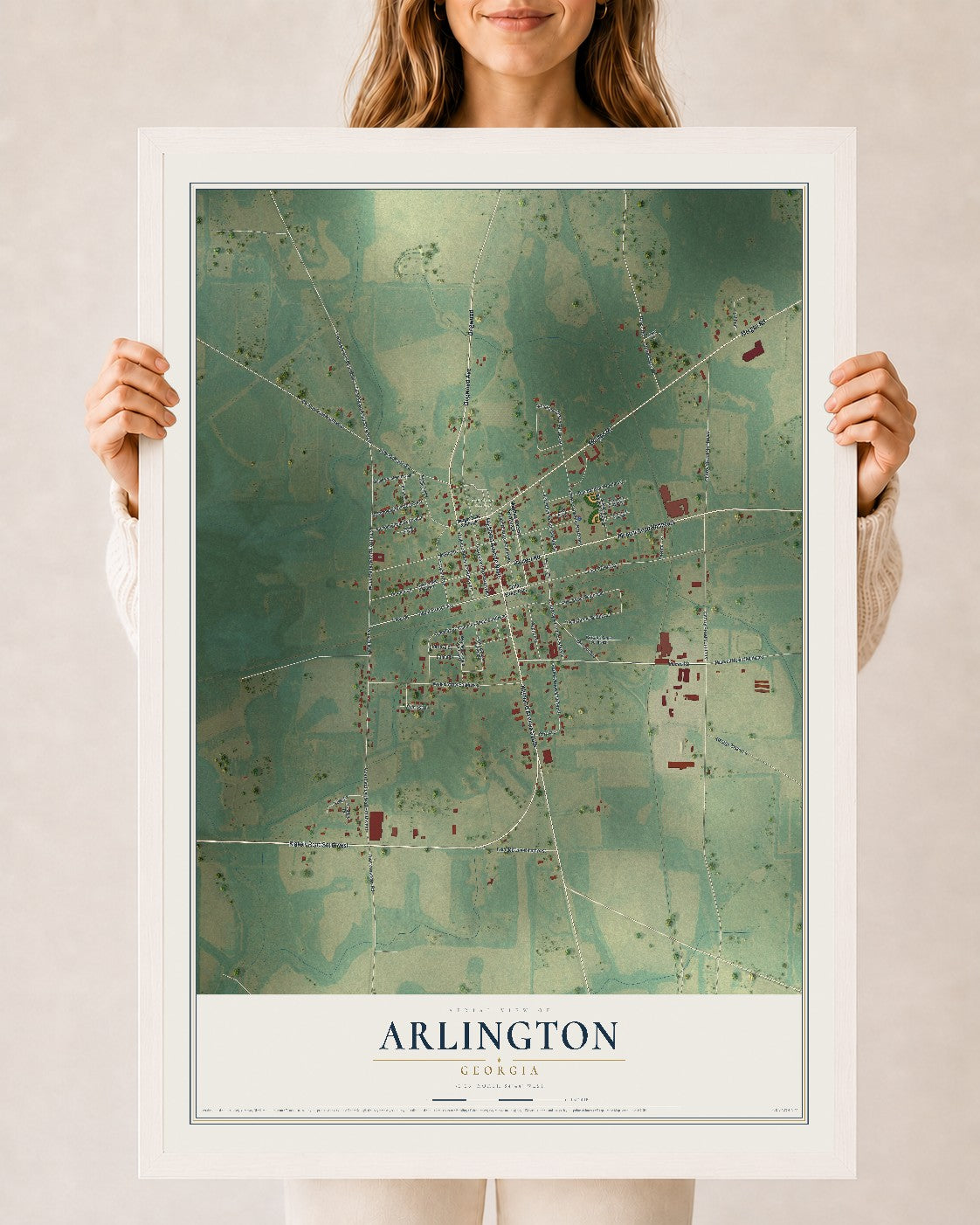 Arlington, Georgia map print, 24" x 36" W/ White Ayous Wood Frame mockup