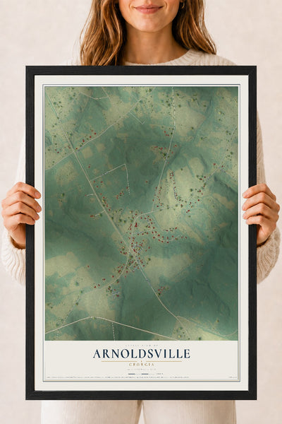 Arnoldsville, Georgia map print, 18" x 24" W/ Black Ayous Wood Frame mockup