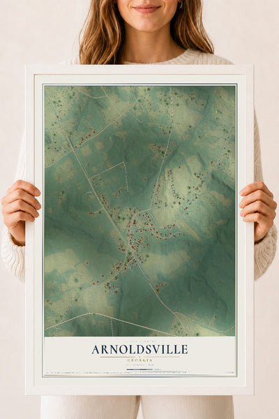 Arnoldsville, Georgia map print, 18" x 24" W/ White Ayous Wood Frame mockup