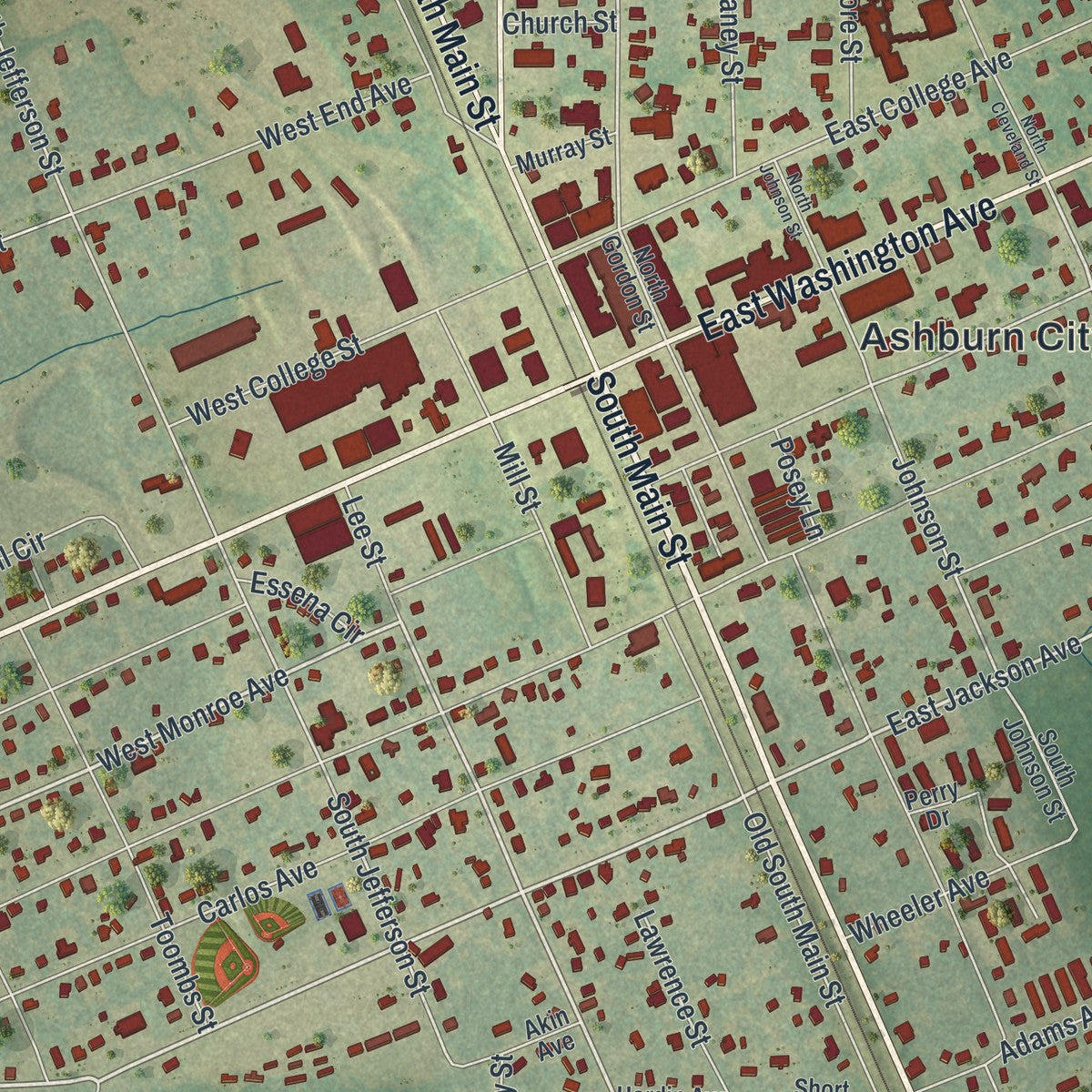 Close-up 1 of the Ashburn, Georgia map artwork