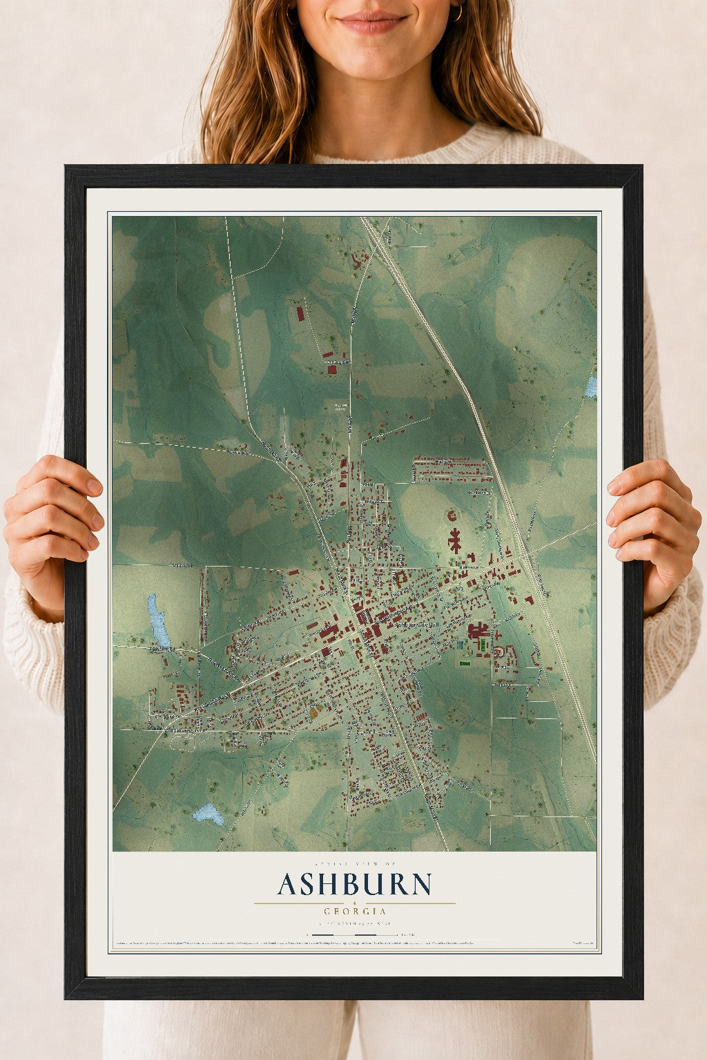 Ashburn, Georgia map print, 18" x 24" W/ Black Ayous Wood Frame mockup