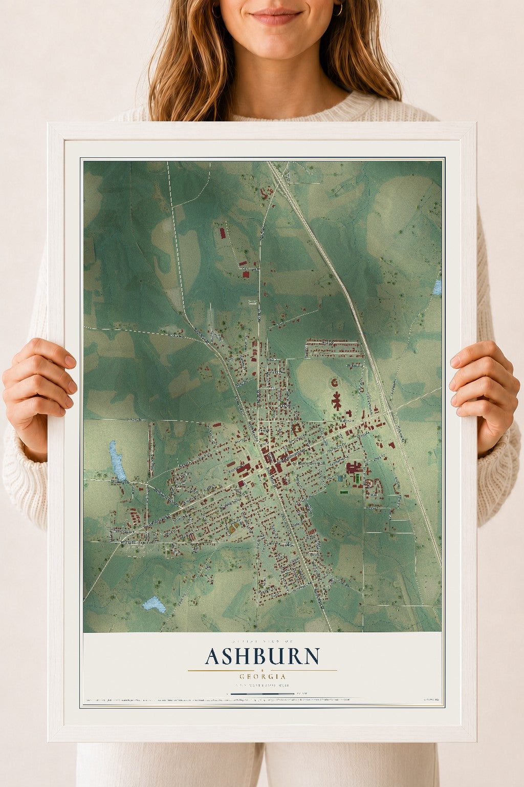 Ashburn, Georgia map print, 18" x 24" W/ White Ayous Wood Frame mockup