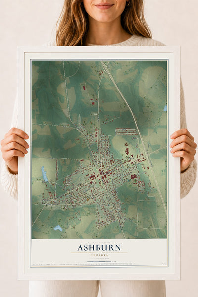 Ashburn, Georgia map print, 18" x 24" W/ White Ayous Wood Frame mockup