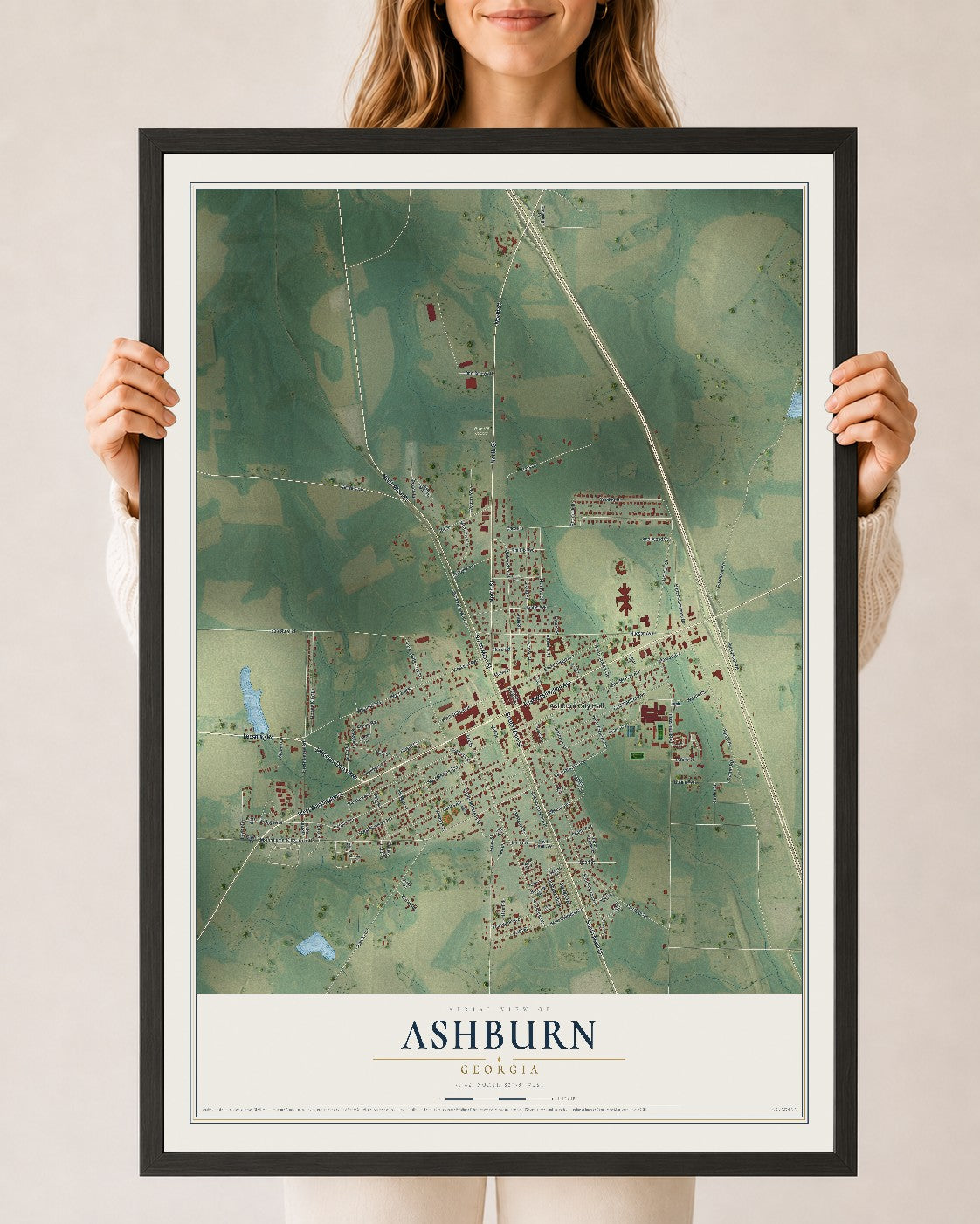 Ashburn, Georgia map print, 24" x 36" W/ Black Ayous Wood Frame mockup