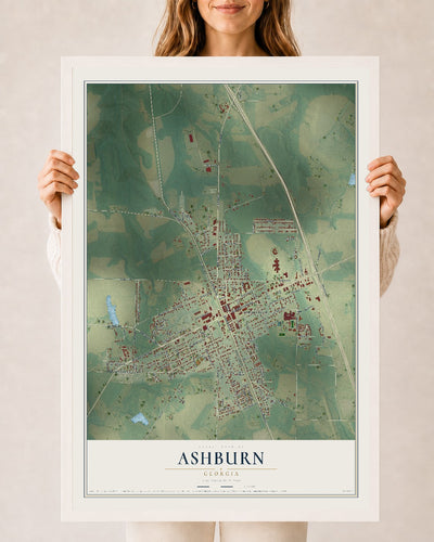 Ashburn, Georgia map print, 24" x 36" W/ White Ayous Wood Frame mockup