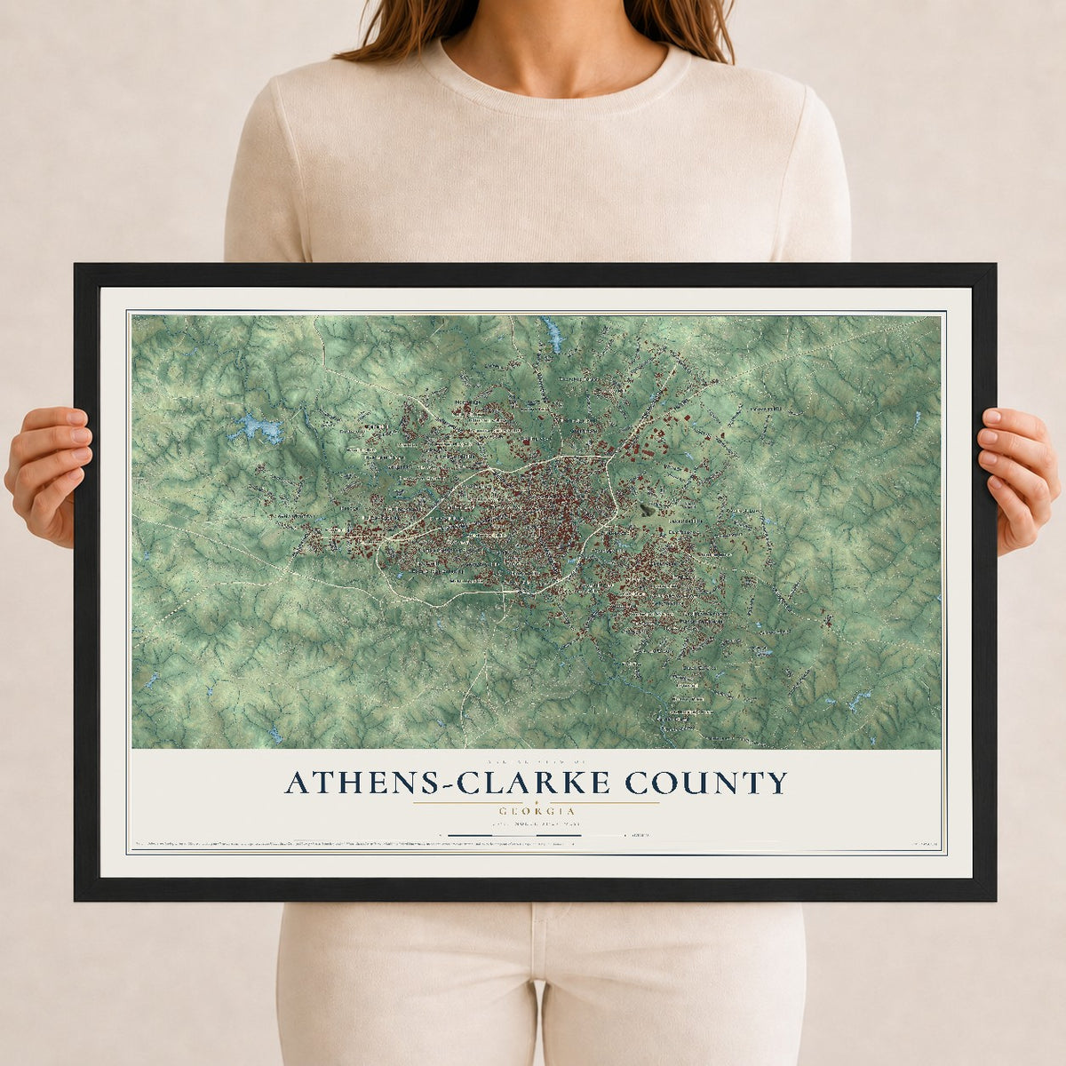 Athens-Clarke County, Georgia map print, 12" x 18" W/ Black Ayous Wood Frame mockup