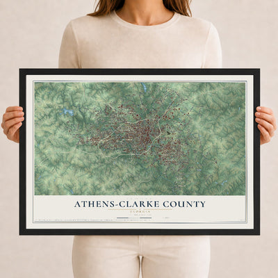 Athens-Clarke County, Georgia map print, 12" x 18" W/ Black Ayous Wood Frame mockup