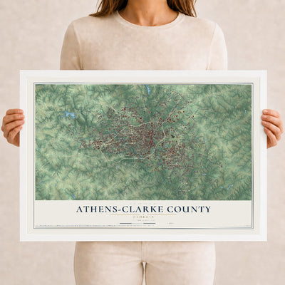 Athens-Clarke County, Georgia map print, 12" x 18" W/ White Ayous Wood Frame mockup