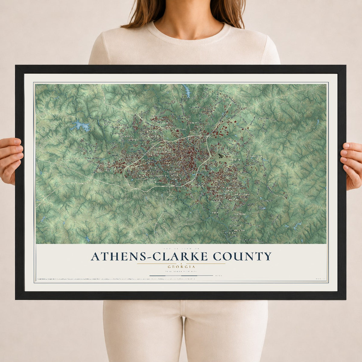 Athens-Clarke County, Georgia map print, 18" x 24" W/ Black Ayous Wood Frame mockup