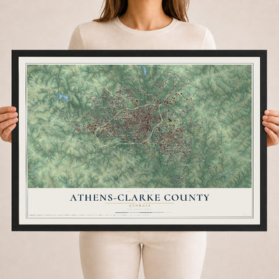 Athens-Clarke County, Georgia map print, 18" x 24" W/ Black Ayous Wood Frame mockup