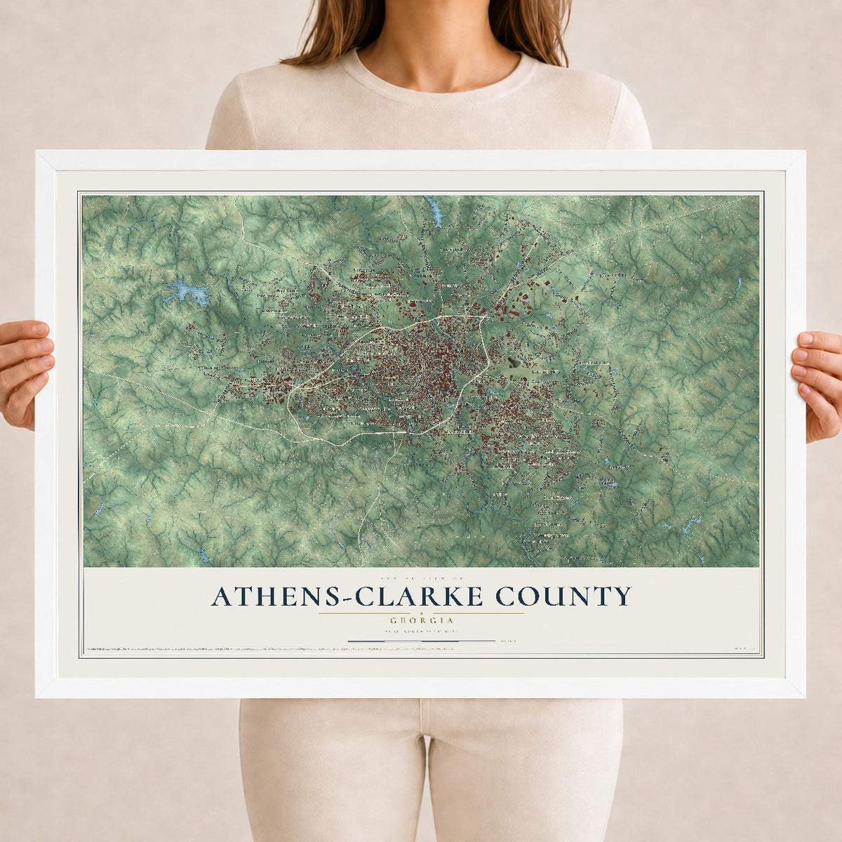 Athens-Clarke County, Georgia map print, 18" x 24" W/ White Ayous Wood Frame mockup