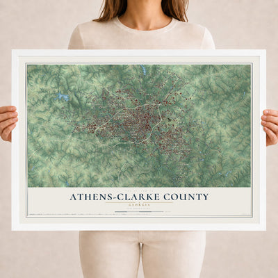 Athens-Clarke County, Georgia map print, 18" x 24" W/ White Ayous Wood Frame mockup