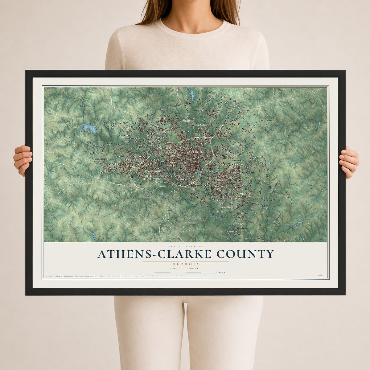 Athens-Clarke County, Georgia map print, 24" x 36" W/ Black Ayous Wood Frame mockup