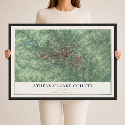 Athens-Clarke County, Georgia map print, 24" x 36" W/ Black Ayous Wood Frame mockup