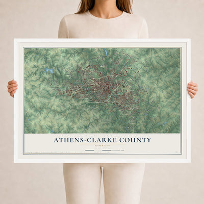 Athens-Clarke County, Georgia map print, 24" x 36" W/ White Ayous Wood Frame mockup