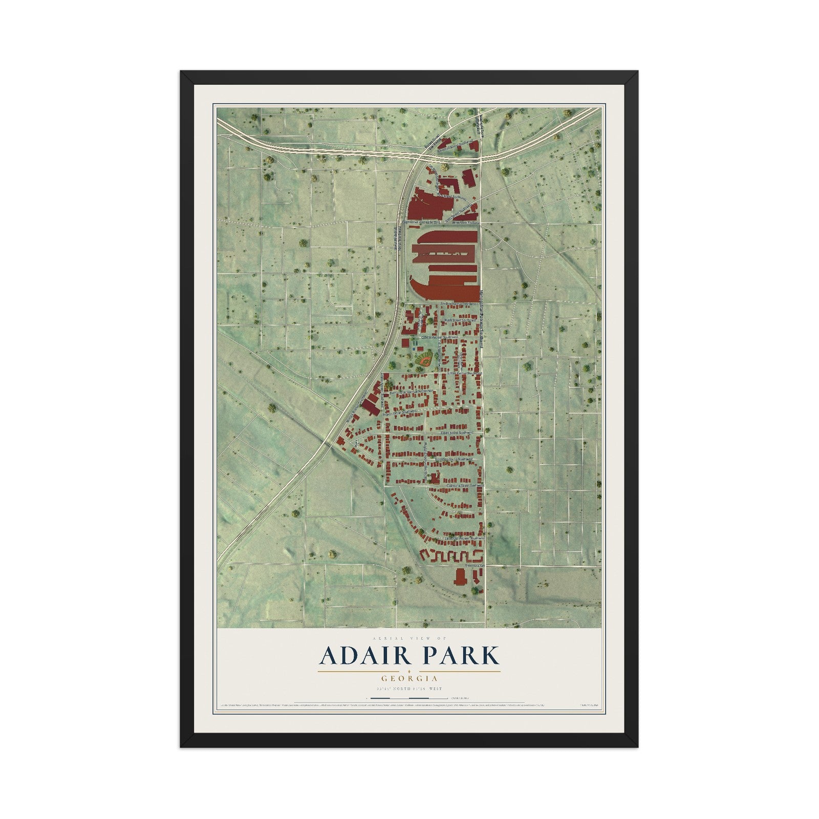 Adair Park, Georgia map print, 12" x 18" W/ Black Ayous Wood Frame mockup