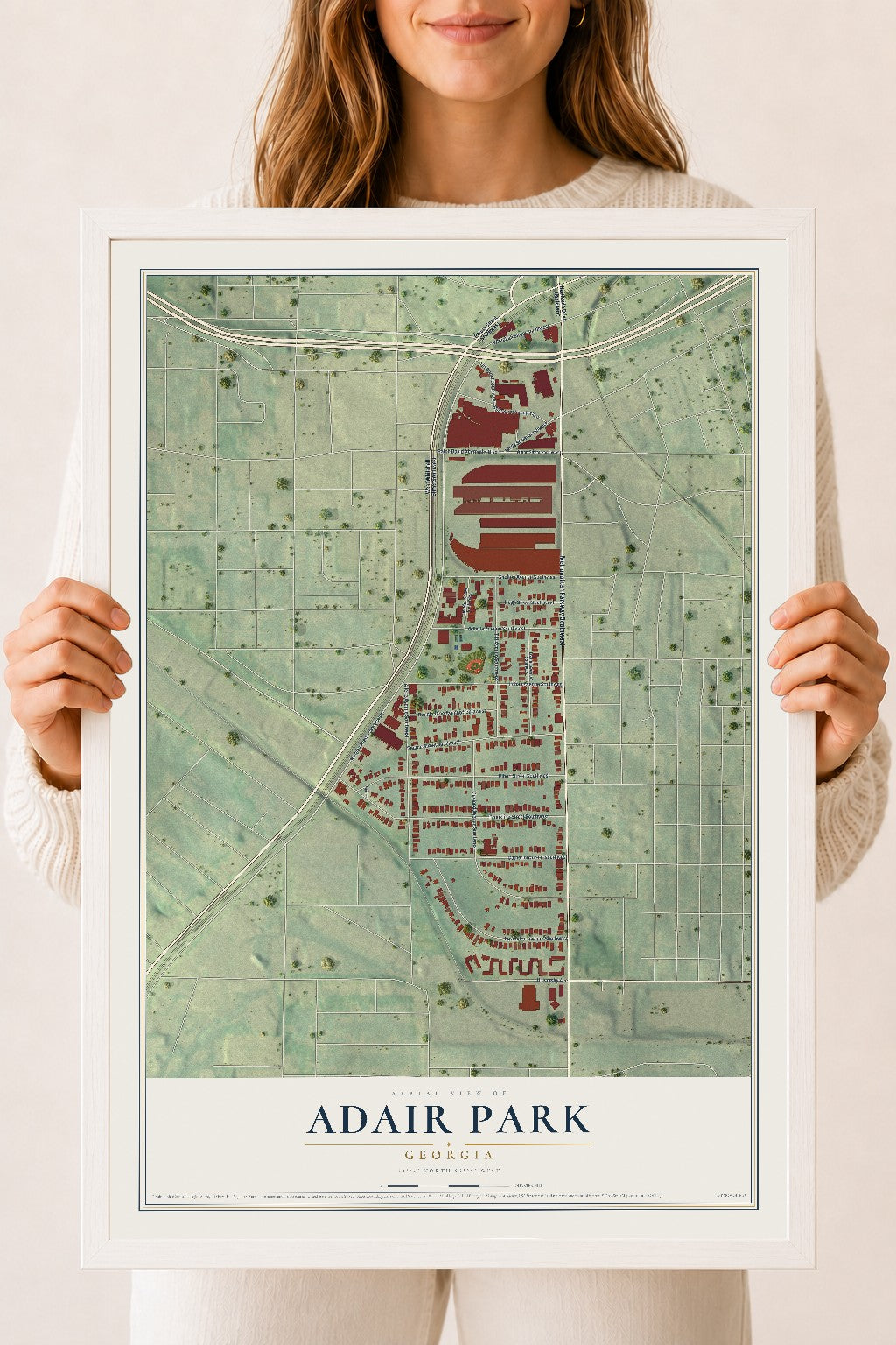 Adair Park, Georgia map print, 18" x 24" W/ White Ayous Wood Frame mockup