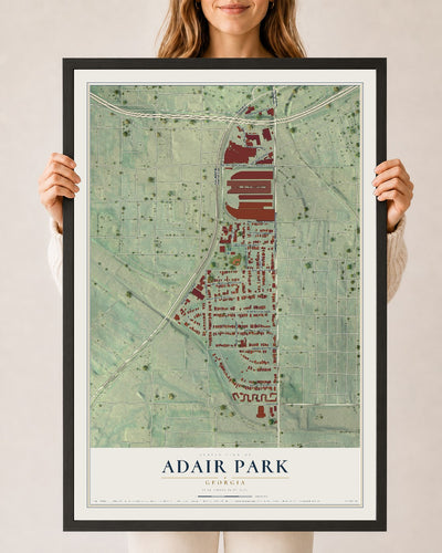 Adair Park, Georgia map print, 24" x 36" W/ Black Ayous Wood Frame mockup