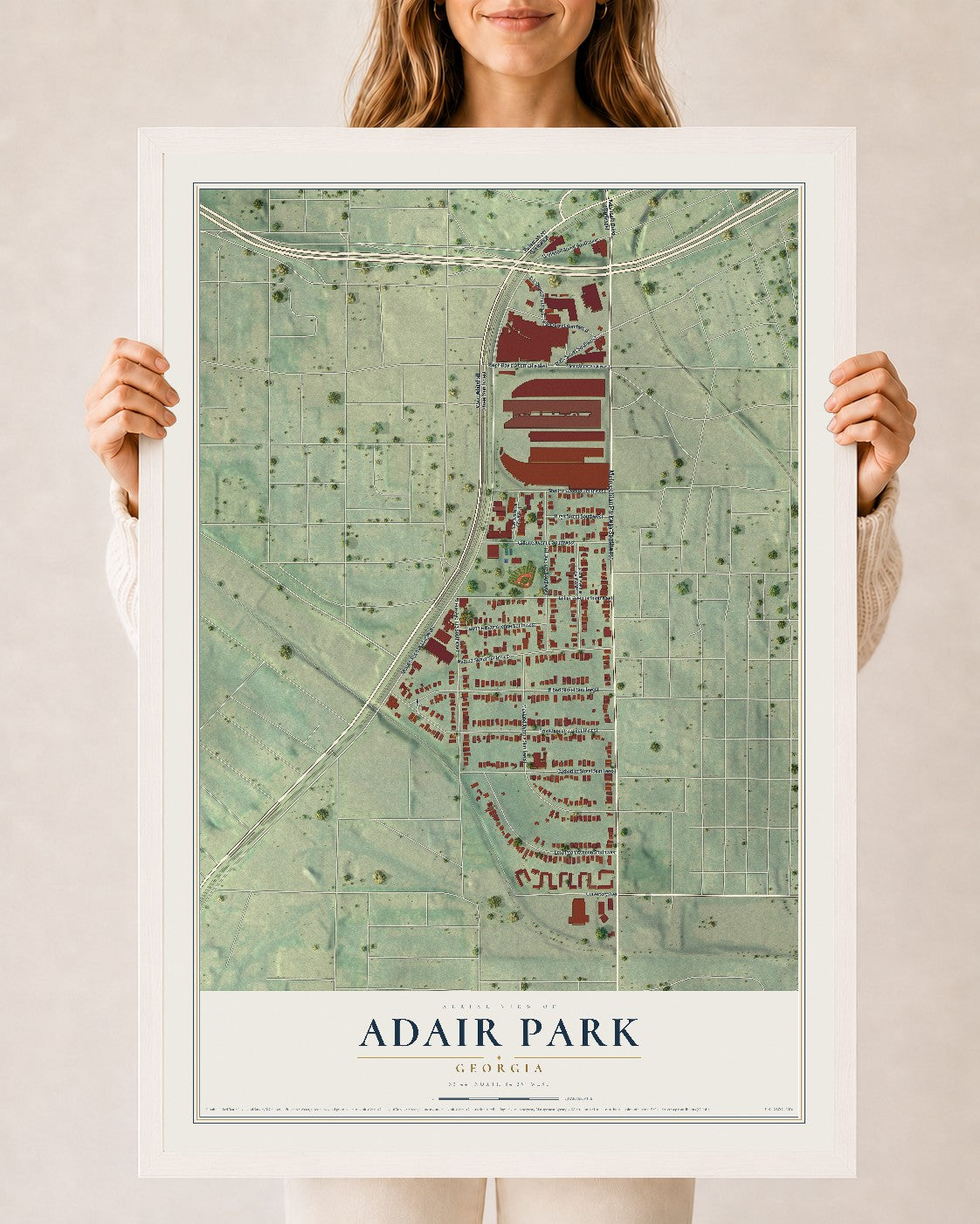 Adair Park, Georgia map print, 24" x 36" W/ White Ayous Wood Frame mockup