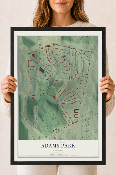 Adams Park, Georgia map print, 18" x 24" W/ Black Ayous Wood Frame mockup