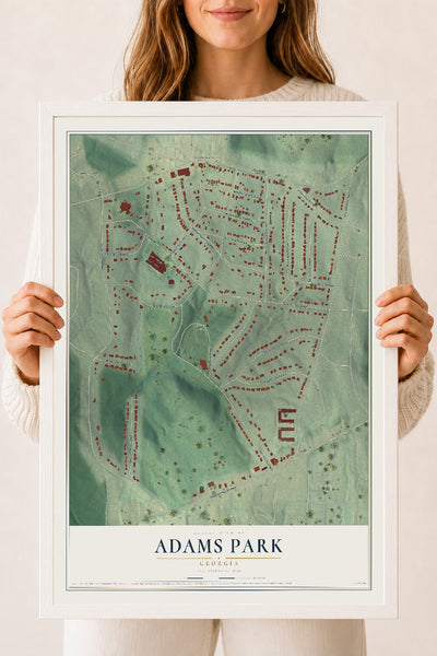 Adams Park, Georgia map print, 18" x 24" W/ White Ayous Wood Frame mockup