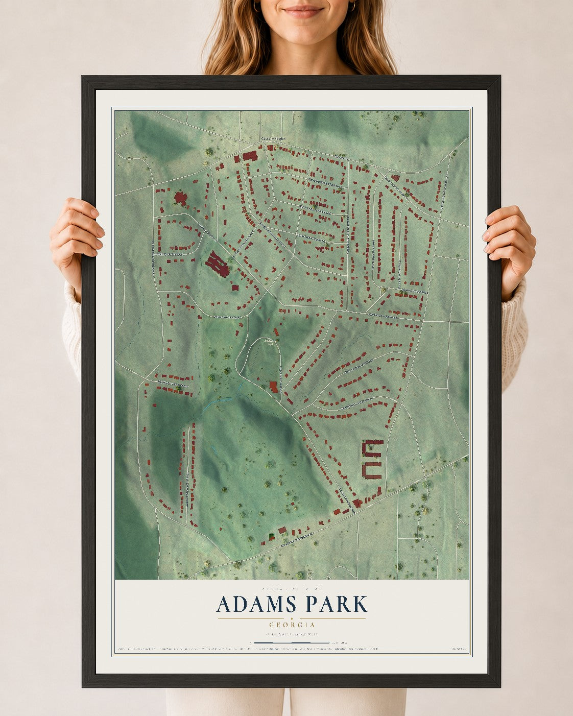 Adams Park, Georgia map print, 24" x 36" W/ Black Ayous Wood Frame mockup