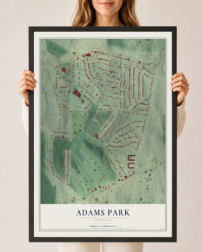 Adams Park, Georgia map print, 24" x 36" W/ Black Ayous Wood Frame mockup